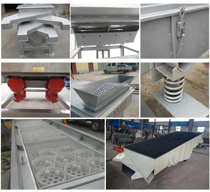 多層直線振動篩由進料口,底座,振動電機,篩網,篩框,彈簧,出料口等組成。