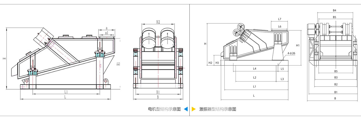 礦用振動篩電機振動式和激振器振動式的內部結構尺寸圖。
